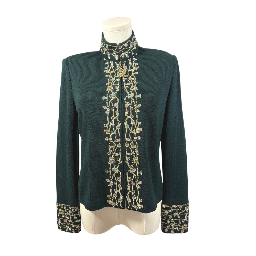 St. John Evening Marie Gray Green Embellished Knit Jacket Zip Front Jewel Sz 4 S